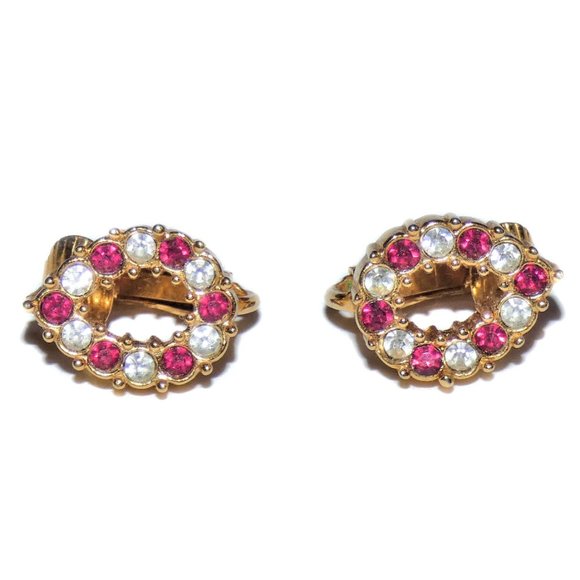 Jewelry - Vintage Gold Tone Red White Crystal Clip Earrings
